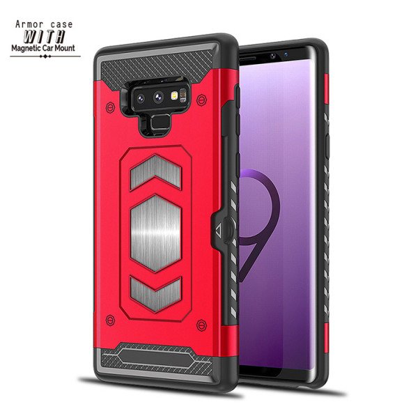 Wholesale Galaxy Note 9 Metallic Plate Case Work with Magnetic Holder and Card Slot (Red)